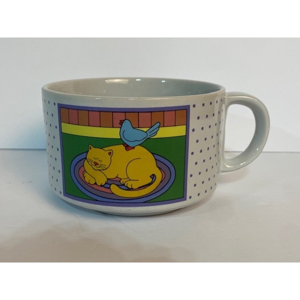 Vintage 1984 Teleflora Cat and Bird Soup Mug Oversized Polka Dot Ceramic Cup